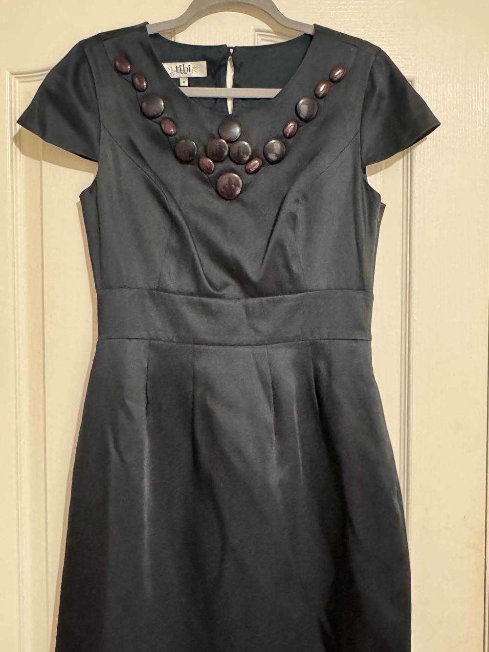 Tibi Black Cap-Sleeve Dress with Beaded V-Neck